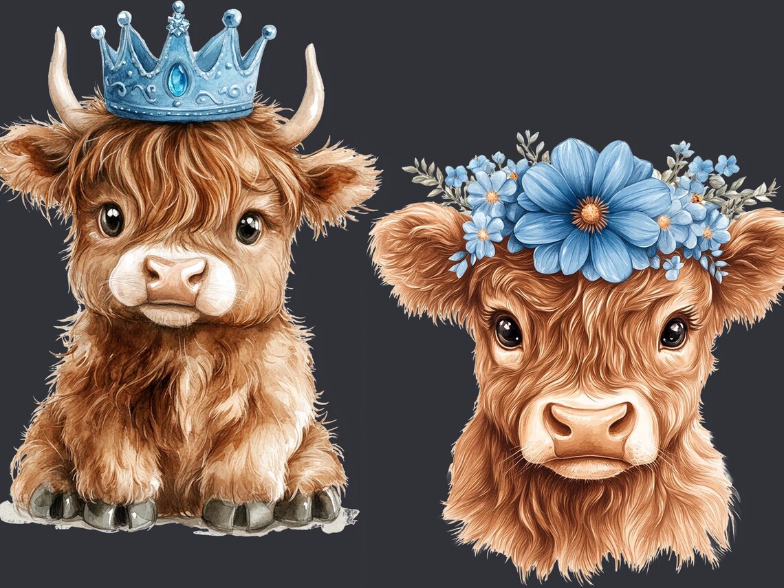 Baby Boy Highland Cow Watercolor Clipart PNG Bundle. Newborn Children ...