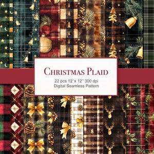 May include: A set of 22 digital seamless patterns featuring Christmas plaid designs. The patterns include red, green, black, and white plaid with gold accents. The patterns also feature various Christmas elements such as pine cones, bows, bells, and reindeer.