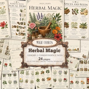 May include: A collection of 24 digital pages titled Herbal Magic Grimoire & Correspondence Pages, featuring botanical illustrations of herbs, flowers, and spices, with a central decorative plaque displaying the text Magic Charts Herbal Magic.