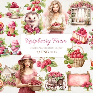Raspberry Berry Farm Summer Watercolor Clipart PNG Bundle. Ilustracja AI. Natychmiastowe pobranie do użytku komercyjnego. Junk Journal Card. 23 PACZKI