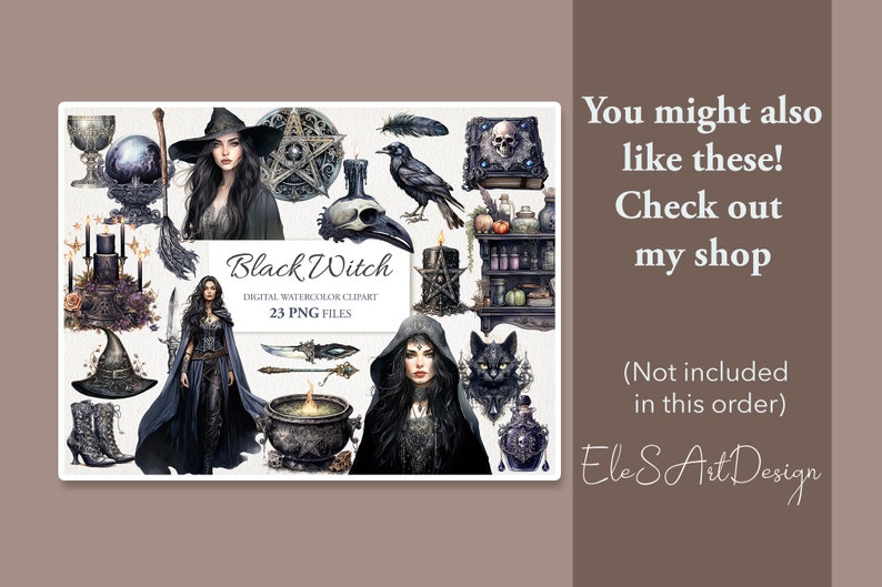 May include: A digital watercolor clipart set featuring a black witch, a cauldron, a skull, a pentagram, a book, a cat, and other magical elements. The set includes 23 PNG files.