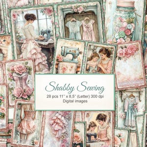 Diario de costura shabby imprimible de doble página. Ilustraciones victorianas vintage. Descarga digital. Paquete de 26.