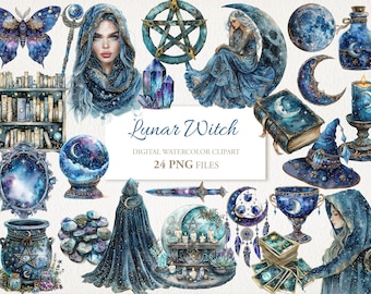 Lunar Witch Moon Witchcraft Watercolor Wiccan Clipart PNG Bundle. AI Illustration. Digital Download. Commercial Use. Scrapbook Junk Journal