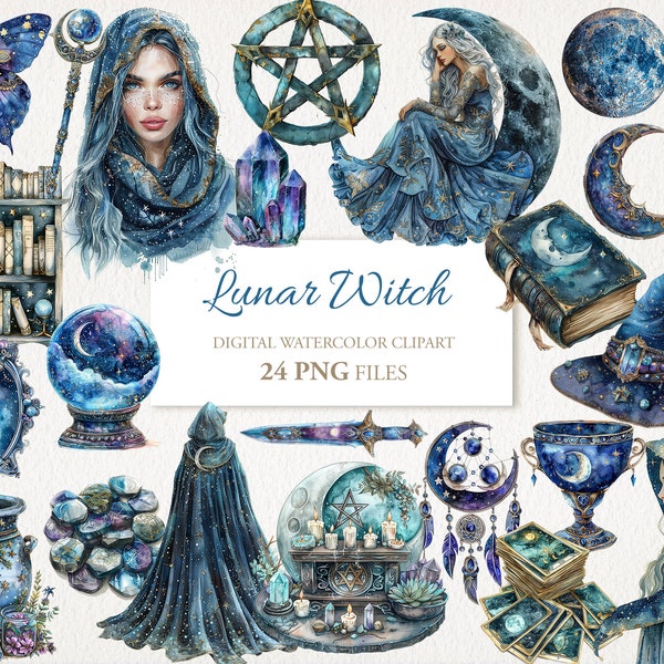 Lunar Witch Moon Witchcraft Watercolor Wiccan Clipart PNG Bundle. AI Illustration. Digital Download. Commercial Use. Scrapbook Junk Journal
