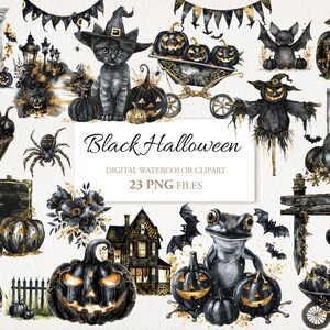 May include: Black and gold Halloween clip art set with 23 PNG files.  The set includes pumpkins, bats, a black cat, a frog, a scarecrow, a haunted house, and more.