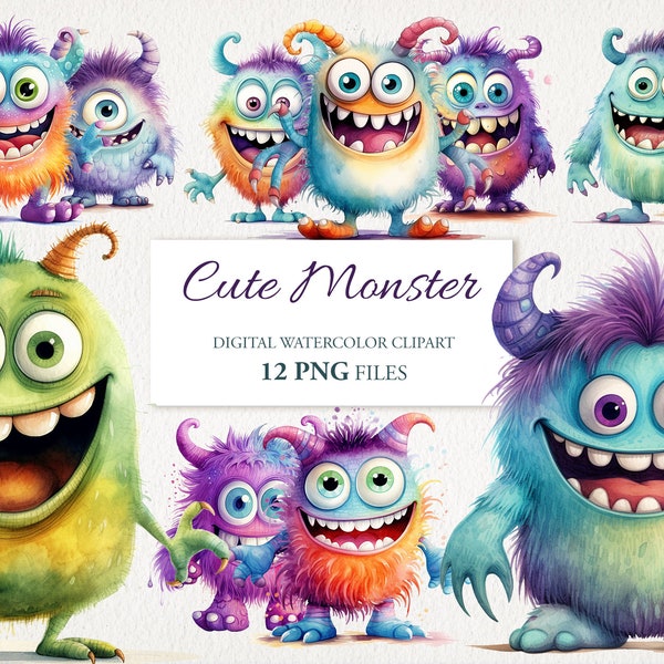 Cute Colorful Baby Monster Watercolor Clipart PNG Bundle. Children Nursery Art.  AI Illustration. Instant Download for Commercial Use