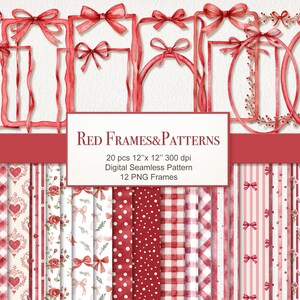 May include: Watercolor digital art featuring red frames with bows and various patterns. The set includes 20 frames, each 12 x 12 inches, and 12 seamless patterns. The image text reads "Red Frames & Patterns".