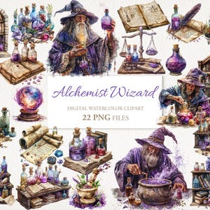 Alchemist Wizard Alchemy Watercolor Clipart PNG Bundle. AI Illustration. Digital Download. Commercial Use. Scrapbook Junk Journal. 22 PACK