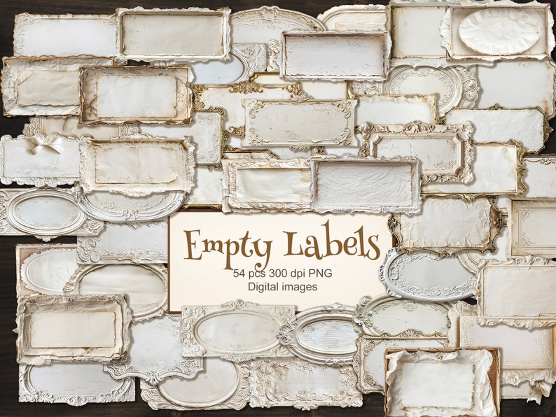 May include: A collection of 54 white, ornate, empty labels with a distressed, vintage look. The labels are perfect for adding a touch of elegance to your crafts, scrapbooking, or other projects.