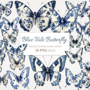 Blauwe toile vlinder aquarel clipart png bundel. Vintage chinoiserie. AI-illustratie Instant Download commercieel gebruik. VERPAKKING VAN 30