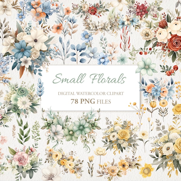 Small Floral Design Elements for Easter Watercolor Clipart PNG Bundle. AI Illustration. Instant Download for Commercial Use. 78 PACK