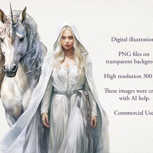 May include: A digital illustration of a woman in a white gown and cloak, riding a white unicorn. The image is high resolution and has a transparent background.