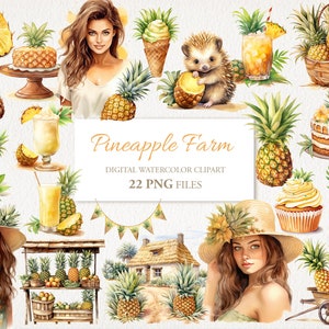 May include: Watercolor clipart set featuring pineapples, pineapple drinks, cakes, and women in straw hats. The set includes 22 PNG files and is titled "Pineapple Farm".