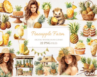 Pineapple Farm Summer Watercolor Clipart PNG Bundle. AI Illustration. Instant Download for Commercial Use. Junk Journal Card. 22 PACK