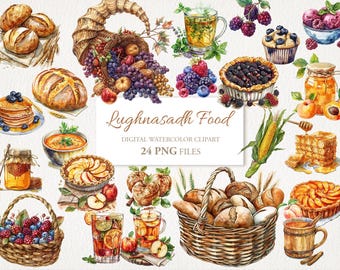 May include: A digital watercolor clipart set of 24 PNG files featuring various foods, including breads, pastries, fruits, and drinks. The set is titled "Lughnasadh Food".