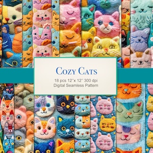 Modèle sans couture de chats confortables. Lot de papier numérique tricoté 3D à texture colorée et feutrée. Utilisation commerciale. Tissu pour carnet de scrapbooking. 18 PAQUET