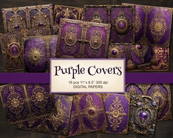 May include: 16 digital papers featuring purple and gold book covers with ornate designs and jeweled accents. Purple Covers 16 pcs 11" x 8.5" 300 dpi DIGITAL PAPERS