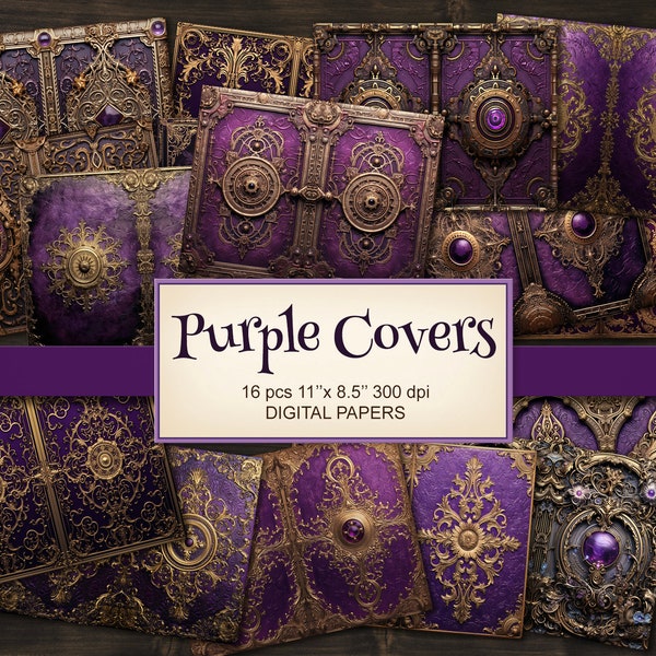 Purple Lilac Golden Junk Journal Covers. Digital Download. Printable Vintage Magic Spell Book Cover. Papers, Papers, Scrapbook, Collage.