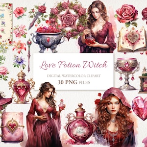 Liebestrank Hexe Magie Aquarell Clipart PNG Bundle. KI Illustration. Sofort Download Kommerzielle Nutzung. Valentine Witchcraft Junk Journal