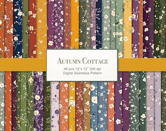 May include: A collection of 48 digital seamless patterns, each 12" x 12", featuring floral designs in various colors. The patterns include white flowers on backgrounds of orange, green, purple, and blue. The text reads "Autumn Cottage".