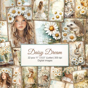 Daisy Flower Country Cottagecore Floral Junk Journal Printable Double Pages. Digital Download. AI Illustration. 22 PACK