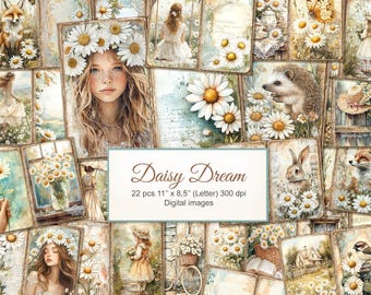 Daisy Flower Country Cottagecore Floral Junk Journal Printable Double Pages. Digital Download. AI Illustration. 22 PACK