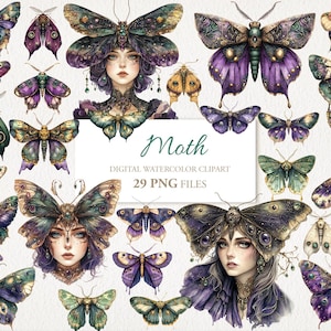 Motte Witchy Magic Aquarell Clipart. KI Illustration. Kommerzielle Nutzung. Sammelalbum Junk Journal Karten. 29 PNG