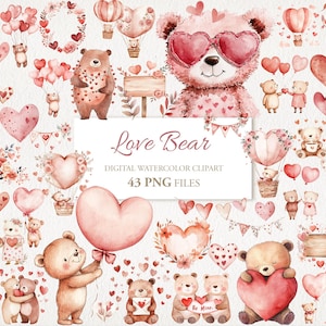 Bär Liebe Valentine Aquarell Clipart Bundle. Valentinstag AI Illustration. Sofort Download Kommerzielle Nutzung. Junk Journal. 43PNG