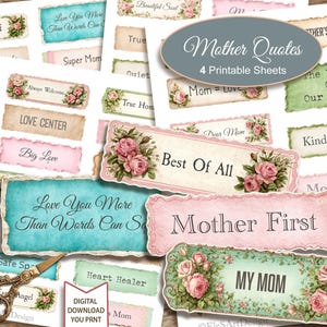 Muttertag Zitat Tags, Mutter Junk Journal Ephemera. Pingelige Schnitte.  Digitaler Download. 4 JPG druckbare Seiten im Letter-Format