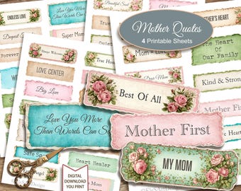 Mothers Day Quote Tags, Mother Junk Journal Ephemera. Fussy Cuts.  Digital Download. 4 JPG Printable Sheets Letter Size