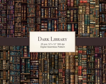 Dark Library Vintage Books Seamless Pattern Texture. Digital Paper Commercial Use. 25 PACK