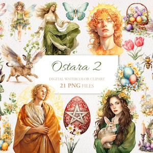 Ostara Wicca Wiccan Celtic Neopagan Watercolor Clipart PNG Bundle. AI Illustration. Commercial Use. Witch Scrapbook Junk Journal