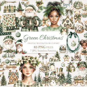 Könnte beinhalten: Ein digitales Aquarell-Clipart-Set mit dem Titel "Green Christmas" mit verschiedenen Illustrationen zum Thema Feiertage. Das Set enthält Bilder von Weihnachtsmännern, Porträts von Frauen, Tieren, Häusern und dekorativen Elementen.