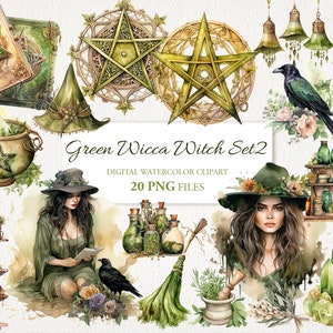 Green Wicca Witch S.2 Witchcraft Watercolor Clipart PNG Bundle AI Illustration. Instant Download for Commercial Use. Scrapbook Junk Journal