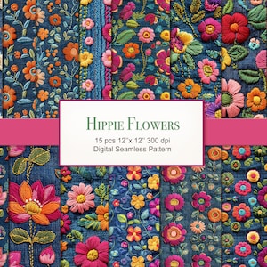 Hippie Boho Flowers Floral Denim Seamless Pattern Paper Pages. Commercial Use. Crafting, Scrapbook, Fabric, Junk Journal. 15 PACK
