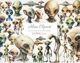 Alien UFO Fantasy Watercolor Clipart Bundle. For Junk Journal Scrapbook. 53 PNG