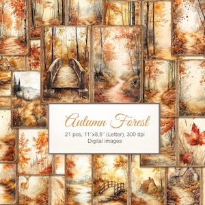May include: A set of 21 digital images showcasing watercolour paintings of autumn forests. The images depict paths, bridges, and trees in warm brown, orange, and yellow tones. The text "Autumn Forest" is displayed on a white rectangle.