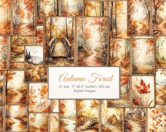 May include: A set of 21 digital images showcasing watercolour paintings of autumn forests. The images depict paths, bridges, and trees in warm brown, orange, and yellow tones. The text "Autumn Forest" is displayed on a white rectangle.