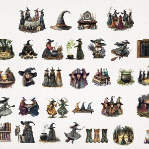 May include: A collection of 30 watercolor illustrations featuring witches, cauldrons, broomsticks, and other magical elements. The illustrations are perfect for scrapbooking, card making, and other creative projects.