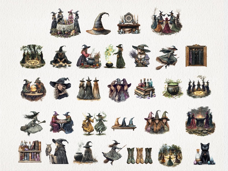 May include: A collection of 30 watercolor illustrations featuring witches, cauldrons, broomsticks, and other magical elements. The illustrations are perfect for scrapbooking, card making, and other creative projects.