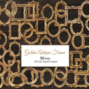 May include: A collection of 50 golden antique frames in various shapes, including oval, rectangular, and ornate designs. The frames are arranged on a dark wood background. The image includes text that reads "Golden Antique Frame".
