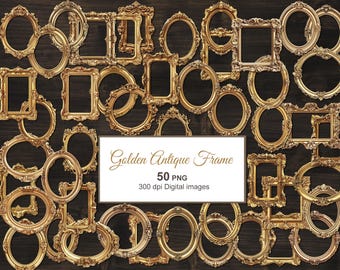 Golden Antique Frames Clipart Bundle. Vintage Gold Rococo Victorian Ephemera. Digital Download. Commercial Use. 50 PNG