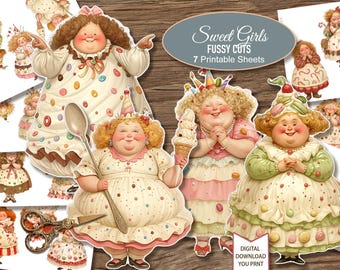 Printable Paper Dolls Sweet Girls Fussy Cuts. Junk Journal Ephemera Cards Planner. Digital Download. Printable Sheets. 7 JPG