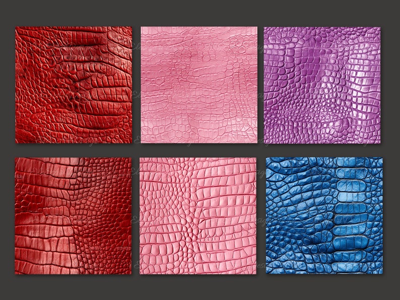 May include: Six different coloured crocodile skin textures. The colours are red, pink, purple, blue, and two shades of red.