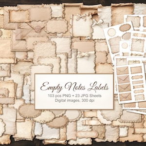 103 png vintage lege notitielabels kortstondig. Vintage blanco witte notities voor junk Journal. Digitale download + 23 afdrukbare jpg-collagebladen