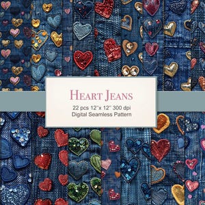 Heart Jeans Denim Seamless Pattern Paper Pages. Commercial Use. Crafting, Scrapbook, Fabric, Junk Journal. 22 PACK