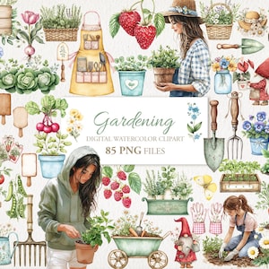 Paquete de imágenes prediseñadas de acuarela de jardinería, primavera y verano. Ilustración con IA. Uso comercial. Tarjetas de diario basura. 85 PNG.