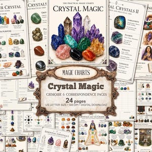 Tablas de correspondencias de magia cristalina, guía práctica de brujería. Páginas de grimorio. Descarga digital.