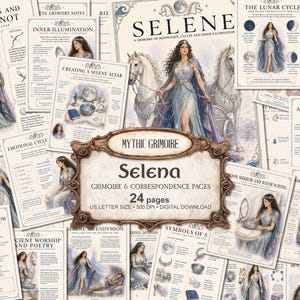 以下が含まれることがあります： 「Selene」と題された24ページのデジタルグリモワール集。流れるようなドレスを着た女性、馬、月が描かれています。各ページには、月のサイクル、祭壇の作り方、魔術的な対応関係に関するテキストが記載されており、印刷可能なデジタルダウンロード形式となっています。
