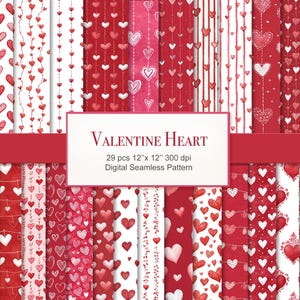 以下が含まれることがあります： 赤とピンクのハートが描かれた、29種類のデジタルシームレスパターン。無地のハート、点線ハート、アウトラインハートなど、さまざまなハートのデザインが含まれており、「VALENTINE HEART」の文字が表示されています。